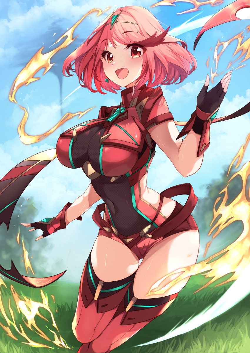 1girl absurdres bangs black_gloves breasts chest_jewel earrings fingerless_gloves gloves highres jewelry large_breasts pyra_(xenoblade) red_eyes red_legwear red_shorts redhead risumi_(taka-fallcherryblossom) short_hair short_shorts shorts solo swept_bangs thigh-highs tiara xenoblade_chronicles_(series) xenoblade_chronicles_2