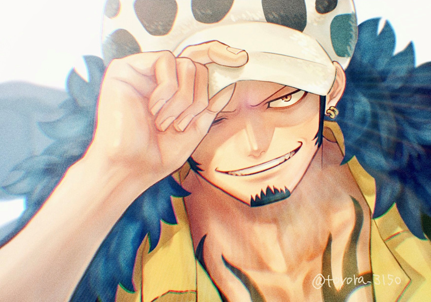 1boy adjusting_clothes adjusting_headwear black_hair chest_tattoo close-up facial_hair feather_boa goatee grin highres jaguar_print long_sideburns male_focus one_eye_closed one_piece rotated short_hair sideburns smile solo tattoo toyoura_(23066494) trafalgar_law upper_body