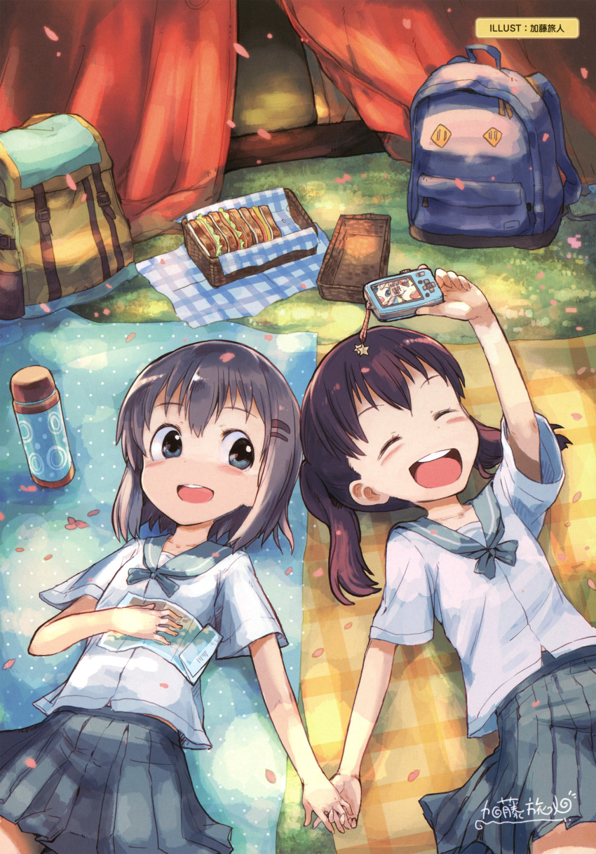 2girls absurdres arms_up artist_name backpack bag bangs bento black_hair blanket blush bottle camera closed_eyes eyebrows_visible_through_hair green_eyes grey_hair hair_ornament hairclip hands_on_own_chest highres holding holding_camera holding_hands katou_tabihito kuraue_hinata looking_at_another lying multiple_girls on_back open_mouth scan school_uniform serafuku short_hair tent twintails water_bottle yama_no_susume yukimura_aoi