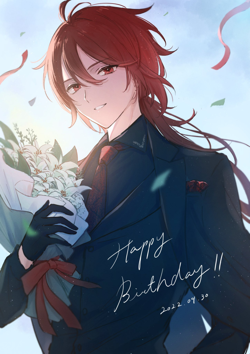 1boy bangs birthday black_gloves black_jacket bouquet confetti dated diluc_(genshin_impact) flower genshin_impact gloves hair_between_eyes happy_birthday highres holding holding_bouquet jacket long_hair looking_at_viewer male_focus mskmmti necktie red_eyes red_necktie redhead shirt sky solo streamers upper_body white_flower white_shirt