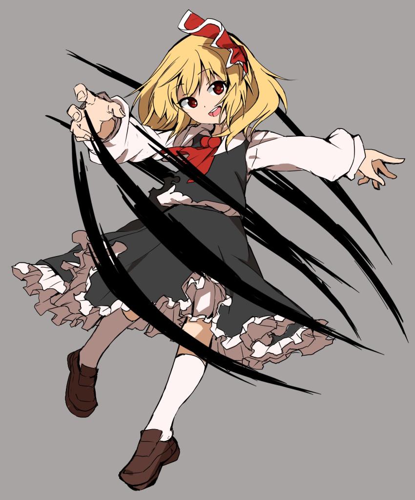 1girl ascot black_skirt black_vest blonde_hair bloomers brown_footwear claws collared_shirt commentary_request eyebrows_visible_through_hair fingernails frilled_skirt frills full_body grey_background hair_ribbon head_tilt highres kneehighs loafers long_sleeves open_mouth red_ascot red_eyes red_ribbon ribbon rumia s_mika2000 shirt shoes short_hair simple_background skirt skirt_set solo teeth touhou underwear upper_teeth vest white_bloomers white_legwear white_shirt