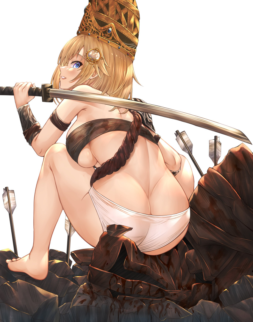 1girl absurdres arrow_(projectile) ass bangs blonde_hair blue_eyes blush breasts crown hair_ornament highres holding hololive hololive_english honkivampy huge_ass looking_at_viewer monocle_hair_ornament short_hair smile solo sword underwear virtual_youtuber watson_amelia weapon