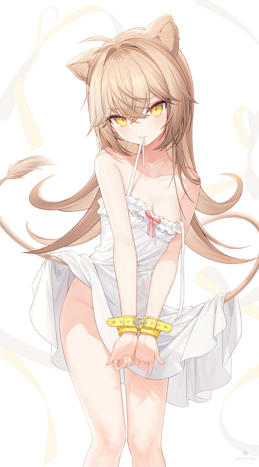 1girl absurdres ahoge animal_ears bare_arms bare_shoulders bound bound_wrists brown_hair dress frilled_dress frills highres indie_virtual_youtuber lion_ears lion_girl lion_tail long_hair looking_at_viewer mouth_hold no_panties restrained rurudo_lion sleeveless sleeveless_dress snow_is solo spaghetti_strap strap_slip sundress tail thighs v-shaped_eyebrows virtual_youtuber white_dress yellow_eyes