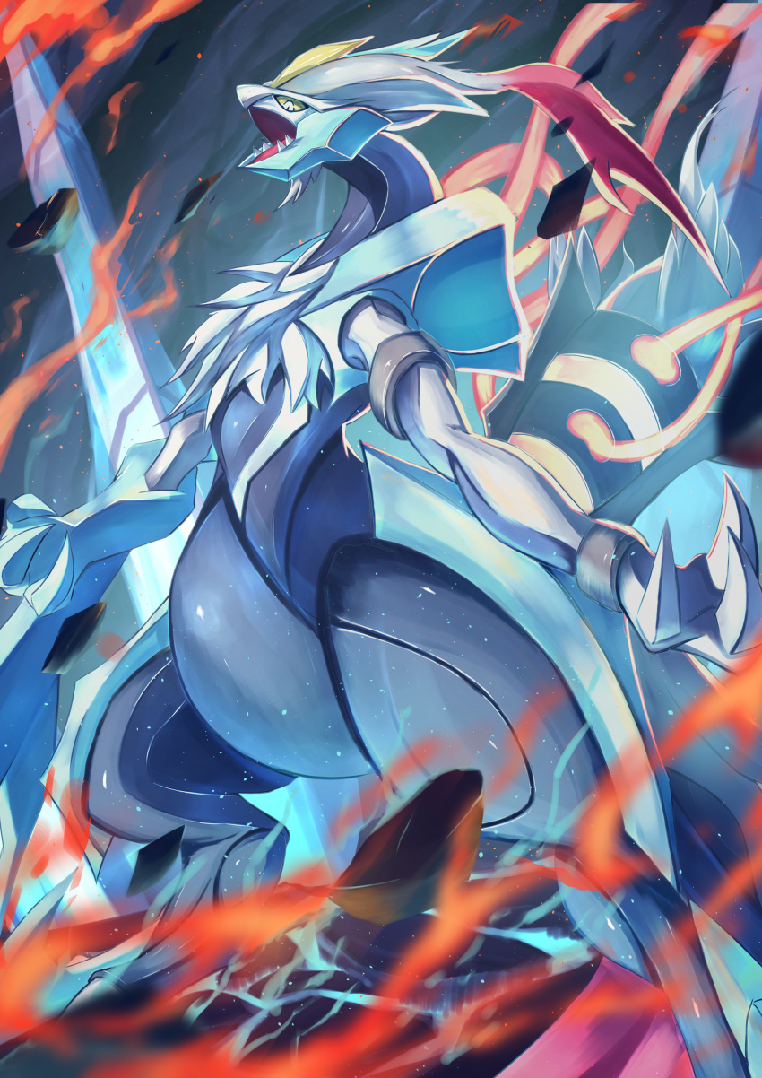 absurdres blurry claws colored_sclera commentary_request fire from_below highres kyurem no_humans open_mouth pokemon pokemon_(creature) ririri_(user_rkrv7838) sharp_teeth solo standing teeth tongue white_eyes white_kyurem yellow_sclera