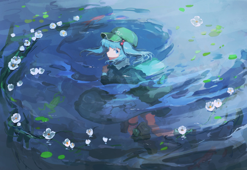 1girl absurdres backpack bag black_footwear blue_eyes blue_hair blue_shirt blue_skirt boots breedo commentary flat_cap flower frog from_above from_behind green_bag green_headwear hair_bobbles hair_ornament hat highres holding_strap kawashiro_nitori lily_(flower) lily_pad looking_at_viewer looking_back partially_submerged shirt sideways_glance skirt solo swimming touhou twintails water white_flower