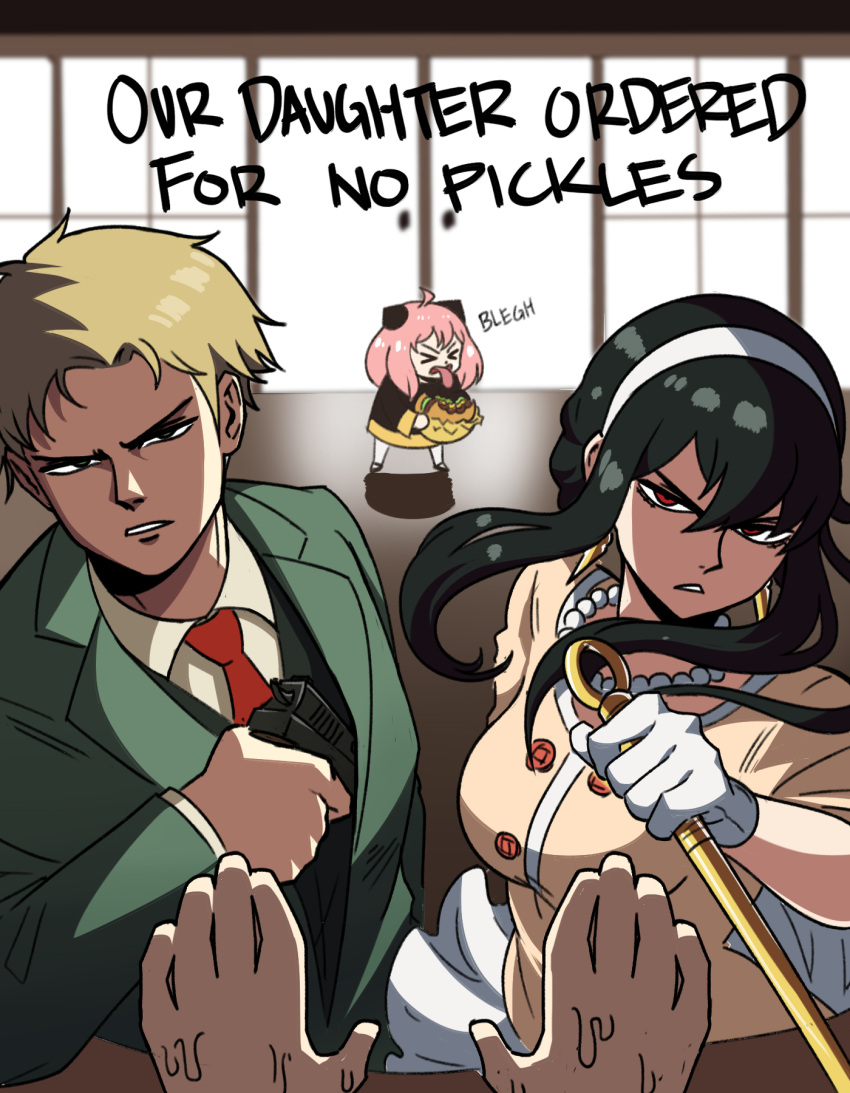 &gt;_&lt; 1boy 1other 2girls angry anya_(spy_x_family) black_hair black_vest blonde_hair burger buttons child dagger double-breasted excuse_me_he_asked_for_no_pickles_(meme) family food formal frown gloves green_jacket gun hair_bun hairband highres holding holding_dagger holding_gun holding_weapon jacket knife looking_at_viewer meme multiple_girls necktie pov pov_hands red_necktie sidelocks spy_x_family stiletto_(weapon) suit sweat sweating_profusely tina_fate tongue tongue_out twilight_(spy_x_family) vest weapon white_gloves white_hairband yor_briar