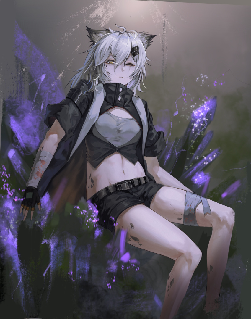 1girl absurdres animal_ears arknights body_markings bra hair_between_eyes hair_ornament highres lappland_(arknights) long_hair looking_at_viewer one_eye_closed solo solo_focus tattoo underwear yellow_eyes yu_ruo