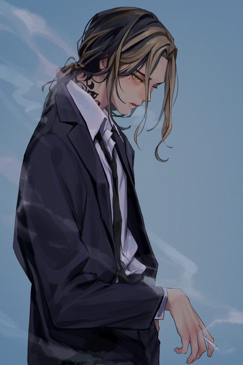 1boy absurdres black_hair cigarette formal hanemiya_kazutora highres holding holding_cigarette long_hair looking_at_viewer male_focus multicolored_hair necktie popo_6996 smoke smoking solo suit tattoo tokyo_revengers upper_body yellow_eyes