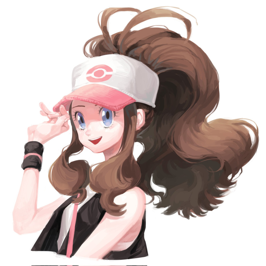 1girl black_jacket blue_eyes bracelet brown_hair erongerong hand_on_own_head hat highres jacket jewelry long_hair looking_at_viewer open_mouth pokemon pokemon_(game) pokemon_bw ponytail shirt simple_background smile solo upper_body white_background white_shirt