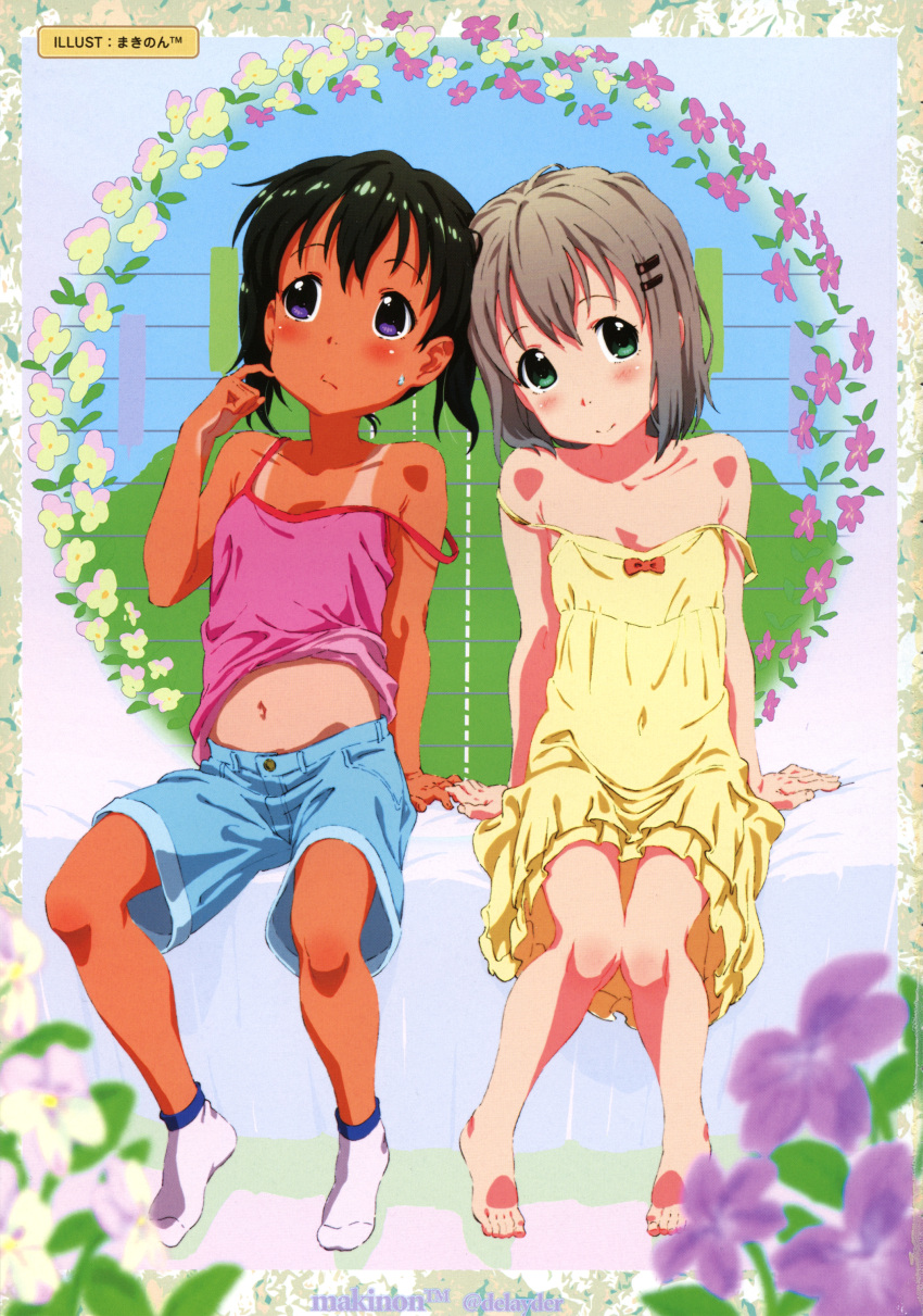 2girls absurdres artist_name bangs barefoot bed_sheet black_hair blue_shorts blush bow bowtie closed_mouth dress eyebrows_visible_through_hair floral_background green_eyes grey_hair hair_ornament hairclip highres kuraue_hinata looking_at_viewer makinon_tm multiple_girls navel off_shoulder pink_shirt scan shirt short_hair shorts sitting sleeveless sleeveless_dress sleeveless_shirt socks sweatdrop tan violet_eyes white_legwear yama_no_susume yellow_dress yukimura_aoi