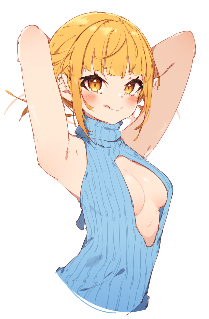 1girl absurdres armpits arms_behind_head arms_up bangs bare_shoulders blonde_hair blue_sweater blunt_bangs boku_no_hero_academia breasts breasts_apart center_opening cropped_torso highres looking_at_viewer medium_breasts no_bra rasusurasu ribbed_sweater sidelocks simple_background sleeveless sleeveless_sweater smile solo sweater toga_himiko tongue tongue_out turtleneck turtleneck_sweater white_background