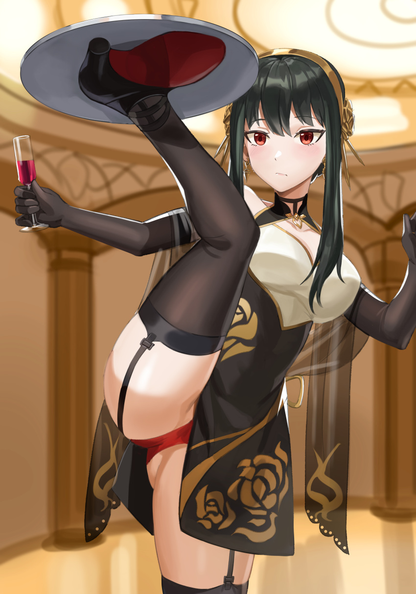 1girl :/ absurdres black_hair breasts china_dress chinese_clothes closed_mouth cup dress drink drinking_glass elbow_gloves flower foot_hold garter_belt garter_straps gloves gold_hairband hair_flower hair_ornament high_heels highres holding holding_cup holding_drink holding_tray kicking leg_up medium_breasts panties pantyshot pelvic_curtain red_eyes red_panties rose skl solo spy_x_family tray underwear wine_glass yor_briar