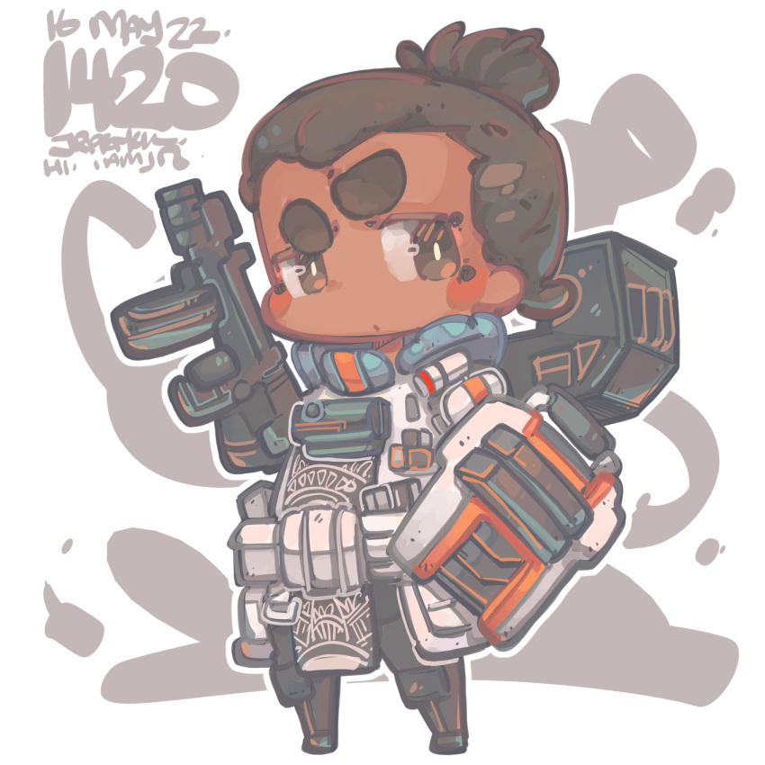 1boy :o apex_legends armor artist_name blush brown_eyes brown_hair chibi dark-skinned_male dark_skin dated gibraltar_(apex_legends) gun hair_bun highres holding holding_gun holding_weapon jr4rt looking_to_the_side male_focus r-99_smg shield short_eyebrows solo submachine_gun thick_eyebrows v-shaped_eyebrows weapon