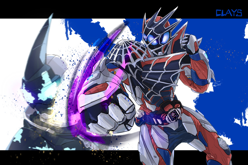 2boys absurdres armor bat bat_genome black_armor blue_armor blue_eyes boots clays_(clayschan) clenched_hand commentary_request compound_eyes demons_driver driver_(kamen_rider) evil evilblade fighting gloves glowing glowing_eyes highres horns kamen_rider kamen_rider_demons kamen_rider_evil kamen_rider_revice kicking male_focus motion_blur multiple_boys punching red_armor rider_belt rivalry rivals shadow silk silver_footwear silver_gloves single_horn spider_genome spider_web spider_web_print spikes splatter splatter_print standing tokusatsu weapon white_armor yellow_background