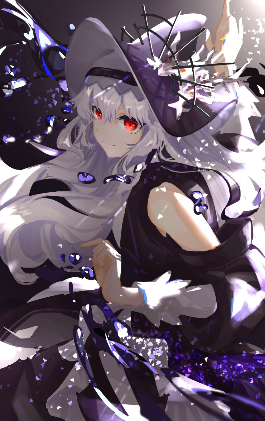 1girl absurdres arknights bangs bare_shoulders bubble closed_mouth detached_sleeves hat highres long_hair looking_to_the_side official_alternate_costume red_eyes shelterouo solo specter_(arknights) specter_the_unchained_(arknights) underwater white_hair