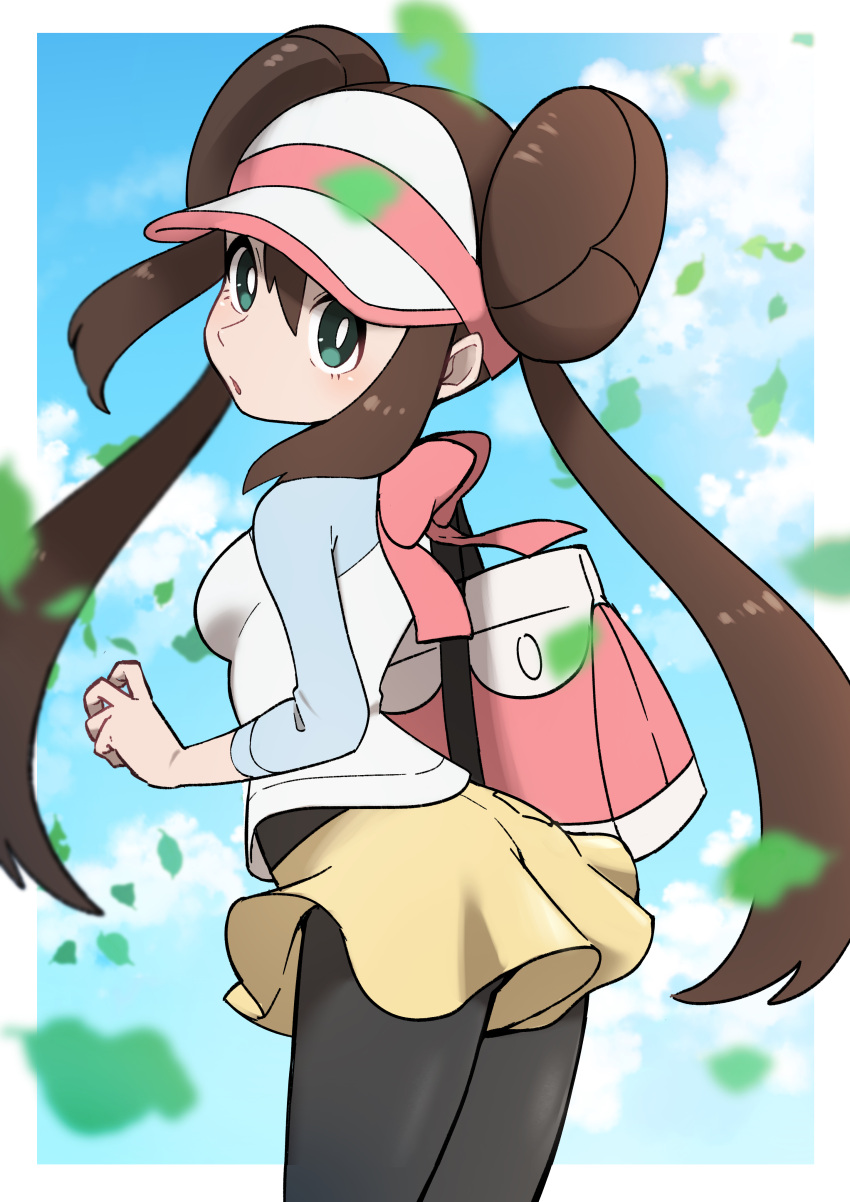 1girl absurdres arched_back ayakadegozans blurry border bow breasts bright_pupils brown_hair clouds commentary_request day double_bun falling_leaves green_eyes highres leaf leaning_forward legwear_under_shorts long_hair looking_to_the_side outdoors pantyhose pink_bow pokemon pokemon_(game) pokemon_bw2 raglan_sleeves rosa_(pokemon) short_shorts shorts sky solo twintails visor_cap white_border white_pupils yellow_shorts