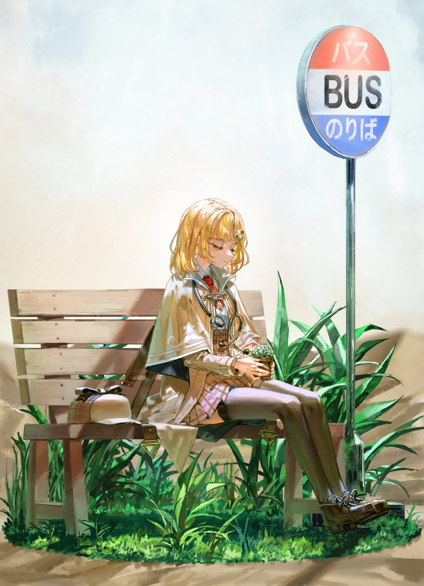 blonde_hair brown_capelet brown_coat brown_footwear brown_legwear brown_skirt bus_stop_sign capelet closed_eyes closed_mouth coat collared_shirt full_body grass hair_ornament hat hat_removed headwear_removed high-waist_skirt highres holding holding_plant hololive hololive_english necktie on_bench outdoors plaid plaid_skirt plant pleated_skirt potted_plant quasarcake red_necktie shirt shoes short_necktie skirt stethoscope thigh-highs virtual_youtuber watson_amelia white_shirt