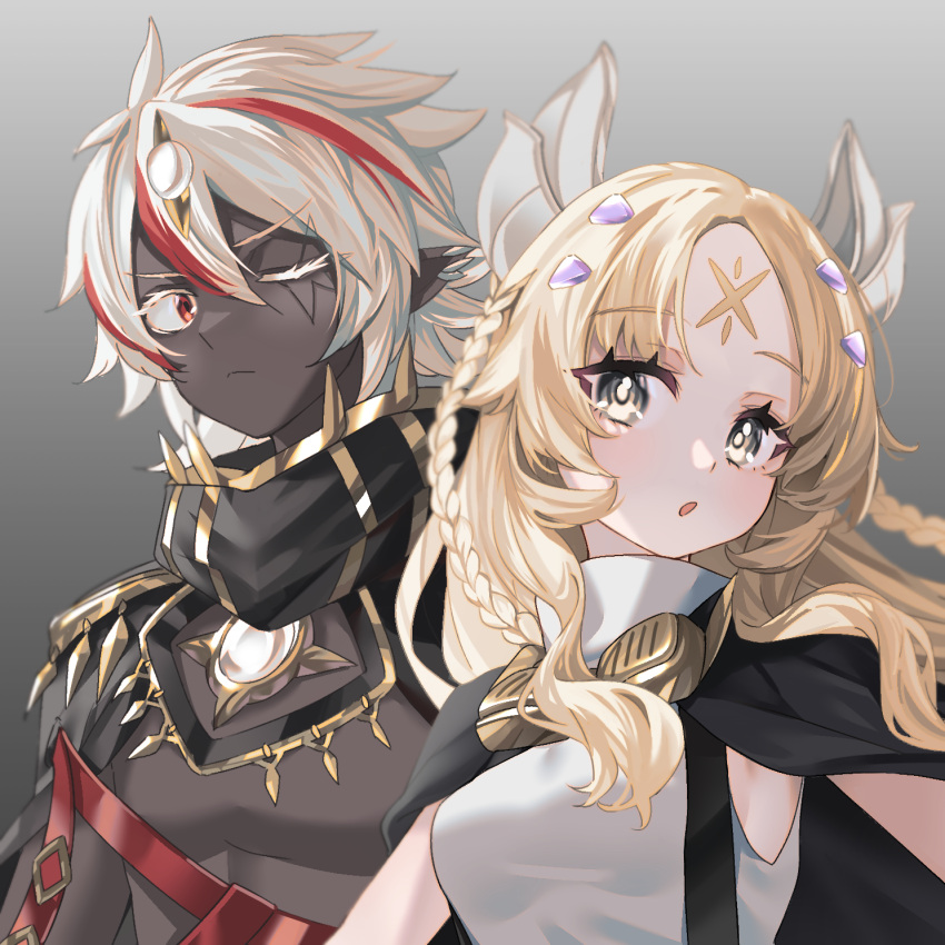1boy 1girl blonde_hair braid breasts cape duel_monster earrings facial_mark fallen_of_albaz forehead_mark goggles goggles_around_neck headgear highres incredible_ecclesia_the_virtuous jewelry long_hair looking_at_viewer multicolored_hair one_eye_closed pointy_ears red_eyes redhead shiromoca short_hair shorts sleeveless streaked_hair suspender_shorts suspenders two-tone_hair white_hair yellow_eyes yu-gi-oh!
