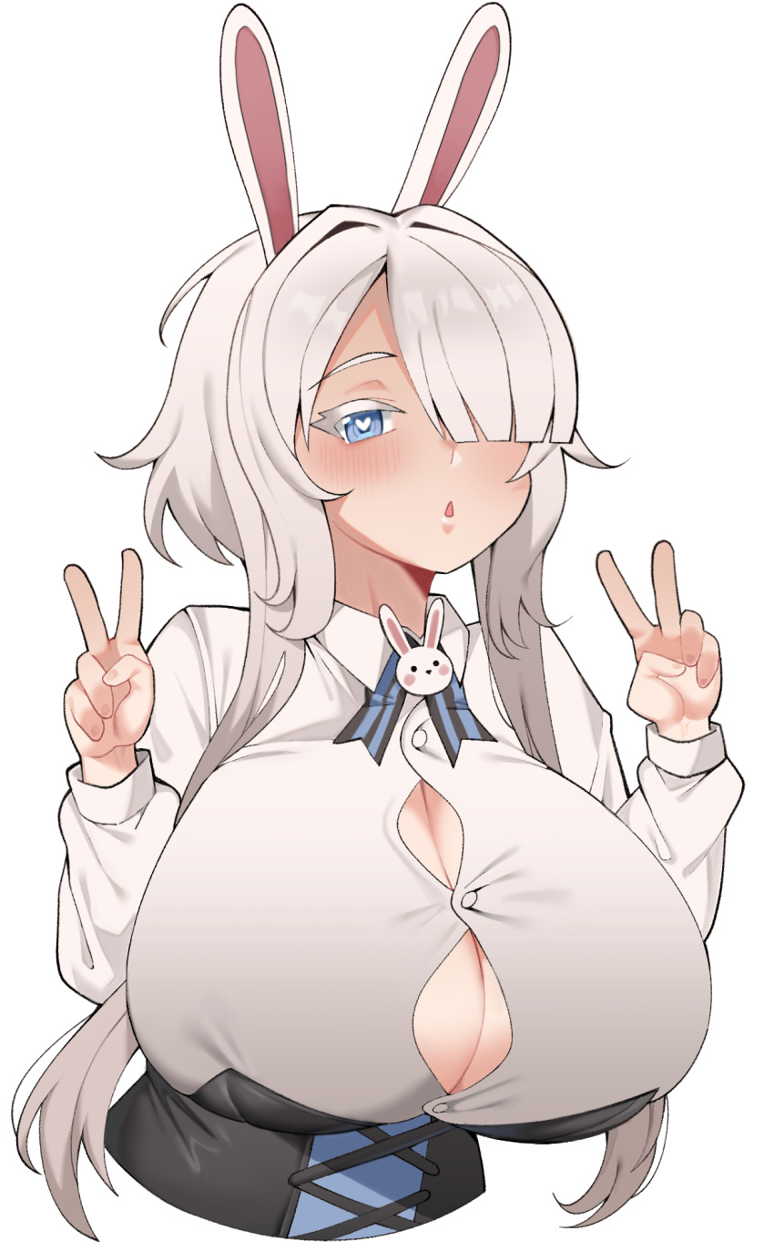 1girl animal_ears bangs blue_eyes blunt_bangs blush breasts bursting_breasts chestnut_mouth collared_shirt commission double_v hair_intakes hair_over_one_eye heart heart-shaped_pupils highres huge_breasts neck_ribbon original rabbit_ears rabbit_girl ribbon saru_(monkey_magic3) shirt short_hair short_hair_with_long_locks sidelocks simple_background solo symbol-shaped_pupils taut_clothes taut_shirt underbust v white_background white_hair white_shirt wing_collar