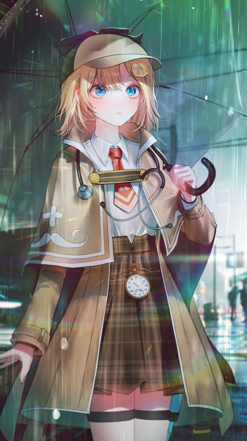 1girl absurdres arm_at_side backlighting bangs blonde_hair blue_eyes brown_coat brown_skirt coat collared_shirt commentary_request cowboy_shot deerstalker hair_ornament handot_(d_yot_) hat high-waist_skirt highres holding holding_umbrella hololive hololive_english long_sleeves looking_away looking_up monocle_hair_ornament necktie open_clothes open_coat outdoors parted_lips plaid plaid_skirt pleated_skirt rain red_necktie shirt short_hair silhouette skirt solo_focus stethoscope thigh_strap umbrella watch watson_amelia white_shirt