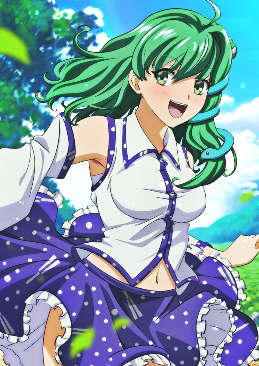 1girl ahoge arm_up bandages bangs bare_shoulders blue_sky blush breasts clouds cloudy_sky collared_shirt commentary_request detached_sleeves eyebrows_visible_through_hair eyes_visible_through_hair frills frog_hair_ornament grass green_eyes green_hair hair_between_eyes hair_ornament hair_tubes hand_up highres kochiya_sanae leaf long_sleeves looking_to_the_side medium_breasts medium_hair murasaki_tsutsuji navel open_mouth outdoors purple_skirt running sarashi shirt skirt sky smile snake_hair_ornament solo standing teeth tongue touhou tree white_shirt wide_sleeves