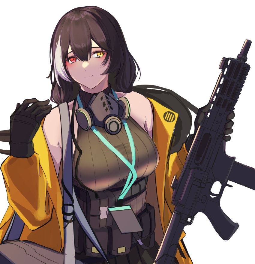 1girl 3_small_spiders absurdres ammunition_belt arm_up bag bangs bare_shoulders black_gloves black_hair blush breasts brown_sweater_vest closed_mouth commentary eyebrows_visible_through_hair gas_mask girls_frontline gloves gun hair_ornament hairclip heterochromia highres holding holding_gun holding_weapon id_card jacket jacket_pull long_hair looking_at_viewer mask mask_around_neck medium_breasts multicolored_hair open_clothes open_jacket red_eyes ro635 ro635_(girls'_frontline) skirt smile solo streaked_hair sweater_vest upper_body weapon white_background yellow_eyes yellow_jacket