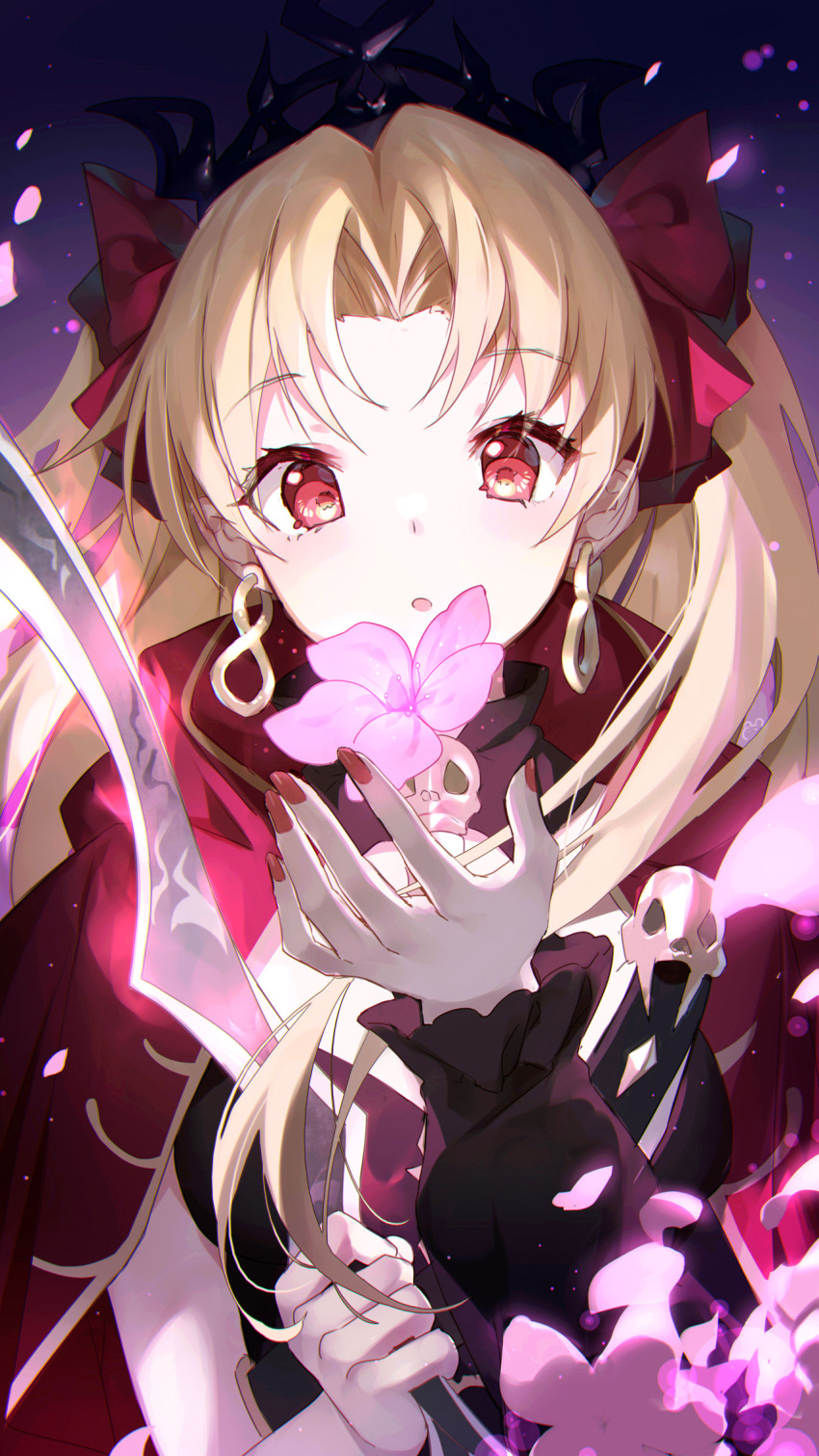 1girl :o bison_cangshu bow cloak commentary_request earrings ereshkigal_(fate) fate/grand_order fate_(series) flower hair_bow hand_up highres holding holding_sword holding_weapon hood hood_down hooded_cloak infinity jewelry long_hair long_sleeves nail_polish parted_lips petals pink_flower puffy_long_sleeves puffy_sleeves red_bow red_cloak red_nails single_sleeve skull solo spine sword tiara two_side_up upper_body weapon