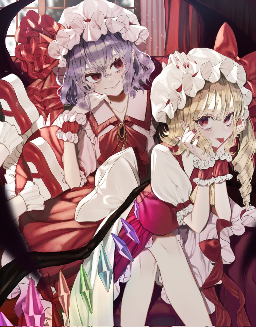 2girls :p bat_wings blonde_hair blush bobby_socks bow brooch closed_mouth collared_shirt commentary couch crystal drill_hair eyebrows_behind_hair fingernails flandre_scarlet frilled_shirt_collar frilled_skirt frills hair_ornament hand_on_another's_head hat hat_bow hat_ribbon head_rest highres jewelry looking_at_another looking_at_viewer lying_on_lap mary_janes medium_hair mob_cap multiple_girls on_couch one_side_up pink_shirt puffy_short_sleeves puffy_sleeves purple_hair red_bow red_eyes red_footwear red_nails red_ribbon red_skirt red_vest remilia_scarlet ribbon shirt shoes short_sleeves siblings sisters sitting skirt skirt_set smile socks tongue tongue_out touhou vest waist_bow white_bow white_headwear white_legwear white_shirt wings wrist_cuffs zabu_rou