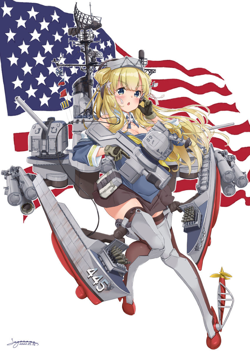 1girl absurdres american_flag black_legwear black_skirt blonde_hair blue_eyes blue_shirt breasts cannon double_bun fletcher_(kancolle) fletcher_mk_ii_(kancolle) full_body gloves hair_ornament headphones highres kantai_collection large_breasts long_hair machinery miniskirt neckerchief off_shoulder pleated_skirt rigging rudder_footwear sagoromo_04 sailor_collar school_uniform serafuku shin_guards shirt skirt smokestack solo star_(symbol) star_hair_ornament thigh-highs turret united_states_medal_of_honor white_sailor_collar yellow_neckerchief