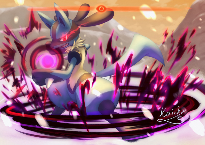 1boy absurdres alpha_pokemon animal_ears animal_hands artist_name black_fur blue_fur body_fur commentary_request energy_ball full_body fur_collar furry furry_male glowing glowing_eyes hands_up highres kaichi_(tomiyu25) legs_apart light_trail looking_at_viewer lucario male_focus mountain open_mouth orange_sky outdoors pokemon pokemon_(creature) pokemon_(game) pokemon_legends:_arceus red_eyes sharp_teeth signature sky snout snow snowing solo spikes standing sunset tail teeth thick_thighs thighs wolf_ears wolf_girl wolf_tail yellow_fur