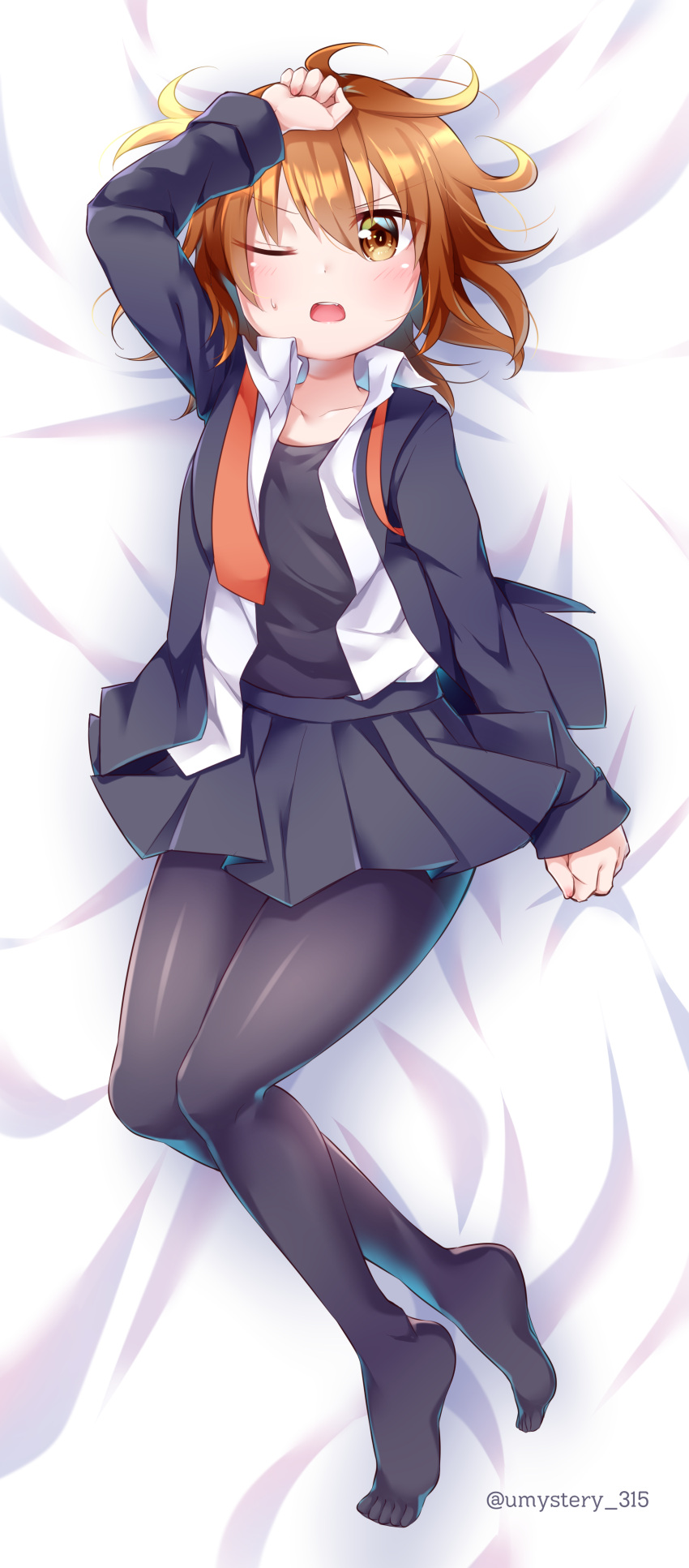 1girl absurdres barefoot black_jacket black_skirt blanket blazer blush brown_eyes brown_hair camisole collarbone dani_(kamenoaru) eyebrows_visible_through_hair full_body hair_between_eyes highres jacket kantai_collection long_sleeves looking_at_viewer looking_back lying on_back on_bed one_eye_closed open_clothes open_mouth open_shirt pantyhose pleated_skirt school_uniform shirt short_hair skirt solo sweatdrop twitter_username wakaba_(kancolle) white_shirt