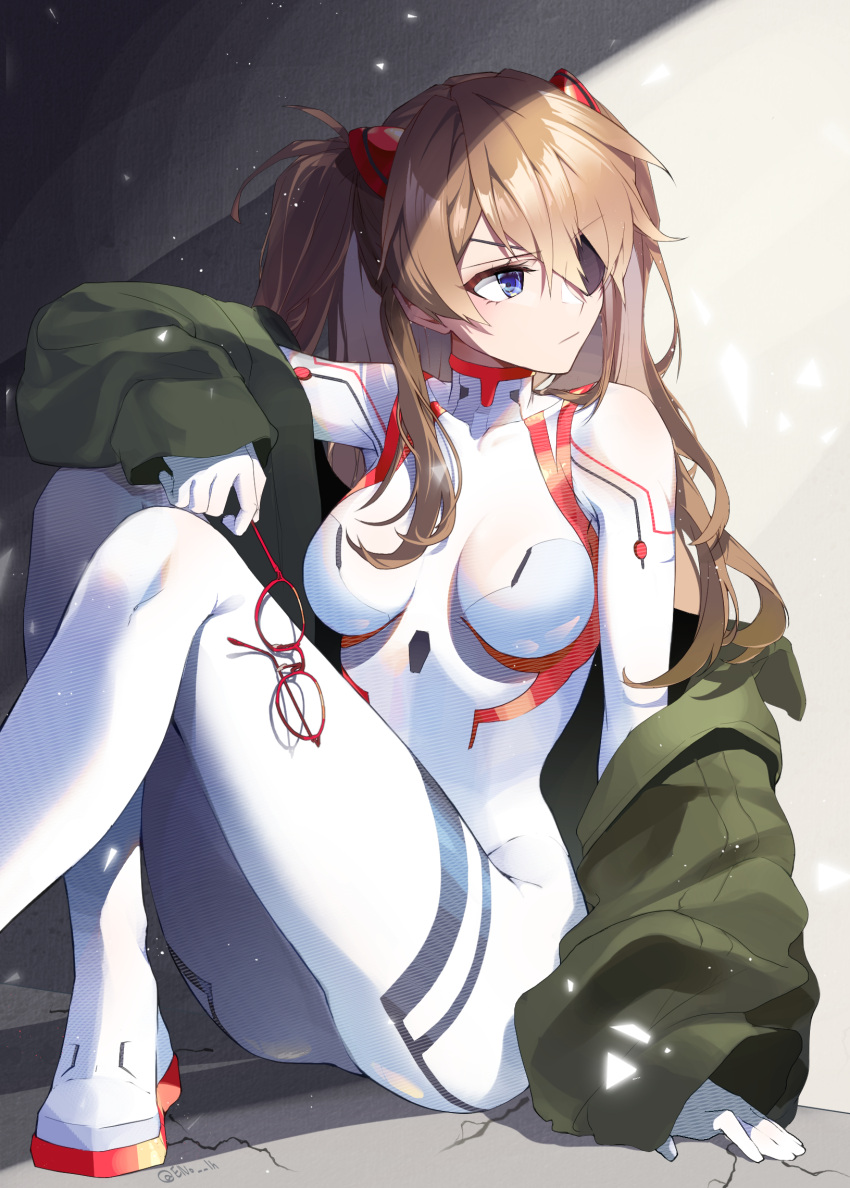1girl bangs blue_eyes bodysuit breasts breasts_apart brown_hair closed_mouth clothes_down coat eno9954 evangelion:_3.0+1.0_thrice_upon_a_time eyebrows_visible_through_hair eyepatch eyewear_removed glasses green_coat hair_between_eyes highres holding holding_eyewear long_hair medium_breasts neon_genesis_evangelion rebuild_of_evangelion red-framed_eyewear shiny shiny_hair sitting solo souryuu_asuka_langley white_bodysuit