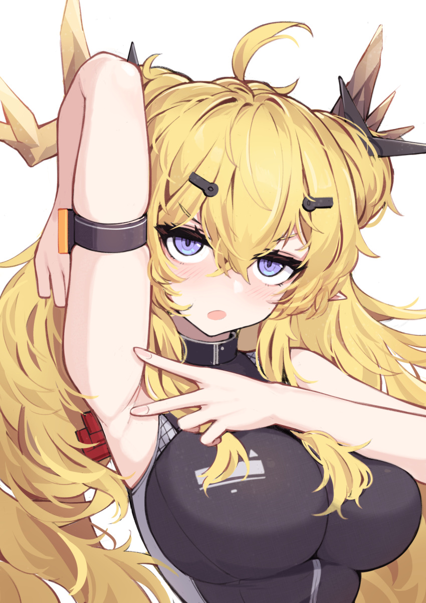 1girl ahoge arknights arm_up armpits bangs black_dress blonde_hair breasts dress hair_between_eyes highres horns large_breasts leizi_(arknights) long_hair looking_at_viewer open_mouth presenting_armpit purerin simple_background sleeveless sleeveless_dress solo violet_eyes white_background