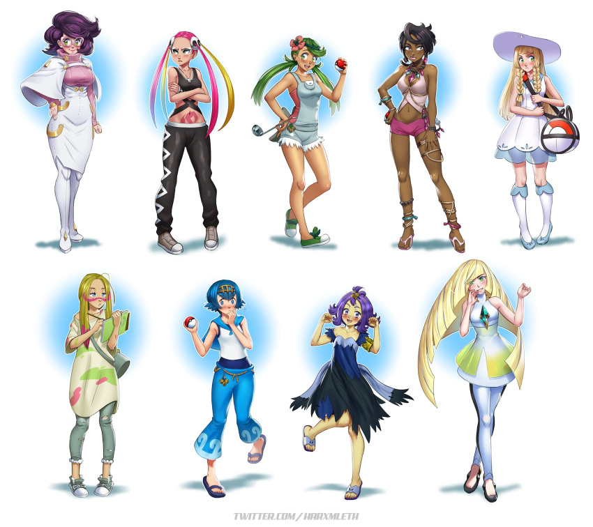 6+girls :&lt; :d acerola_(pokemon) bag black_hair black_pants blonde_hair blue_eyes blue_hair blue_pants blush braid brown_eyes commentary crossed_arms crossed_legs dark-skinned_female dark_skin dress english_commentary flower frown glasses green_eyes green_hair hair_flower hair_ornament hand_on_hip hat highres ladle lana_(pokemon) lillie_(pokemon) long_hair low_twintails lusamine_(pokemon) mallow_(pokemon) mathias_leth mina_(pokemon) multicolored_hair multiple_girls olivia_(pokemon) open_mouth pants paw_pose pink-framed_eyewear pink_hair plumeria_(pokemon) poke_ball pokemon pokemon_(game) pokemon_sm purple_hair short_hair shoulder_bag simple_background sketchbook smile stomach_tattoo sun_hat tattoo triangle_mouth twin_braids twintails two-tone_hair very_long_hair violet_eyes watson_cross white_background wicke_(pokemon) yellow_eyes