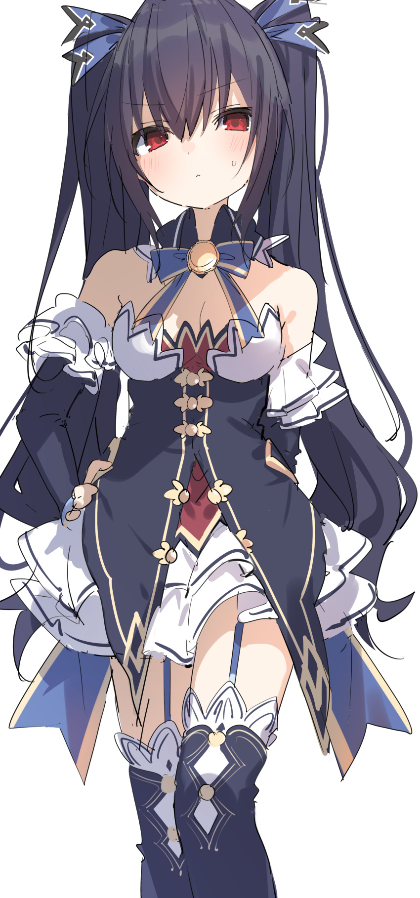 1girl absurdres bangs bare_shoulders black_hair blue_ribbon breasts buran_buta detached_collar detached_sleeves eyebrows_visible_through_hair frills hair_between_eyes hair_ribbon highres long_hair looking_at_viewer medium_breasts neptune_(series) noire_(neptune_series) pleated_skirt red_eyes ribbon simple_background skirt solo thigh-highs twintails very_long_hair white_skirt