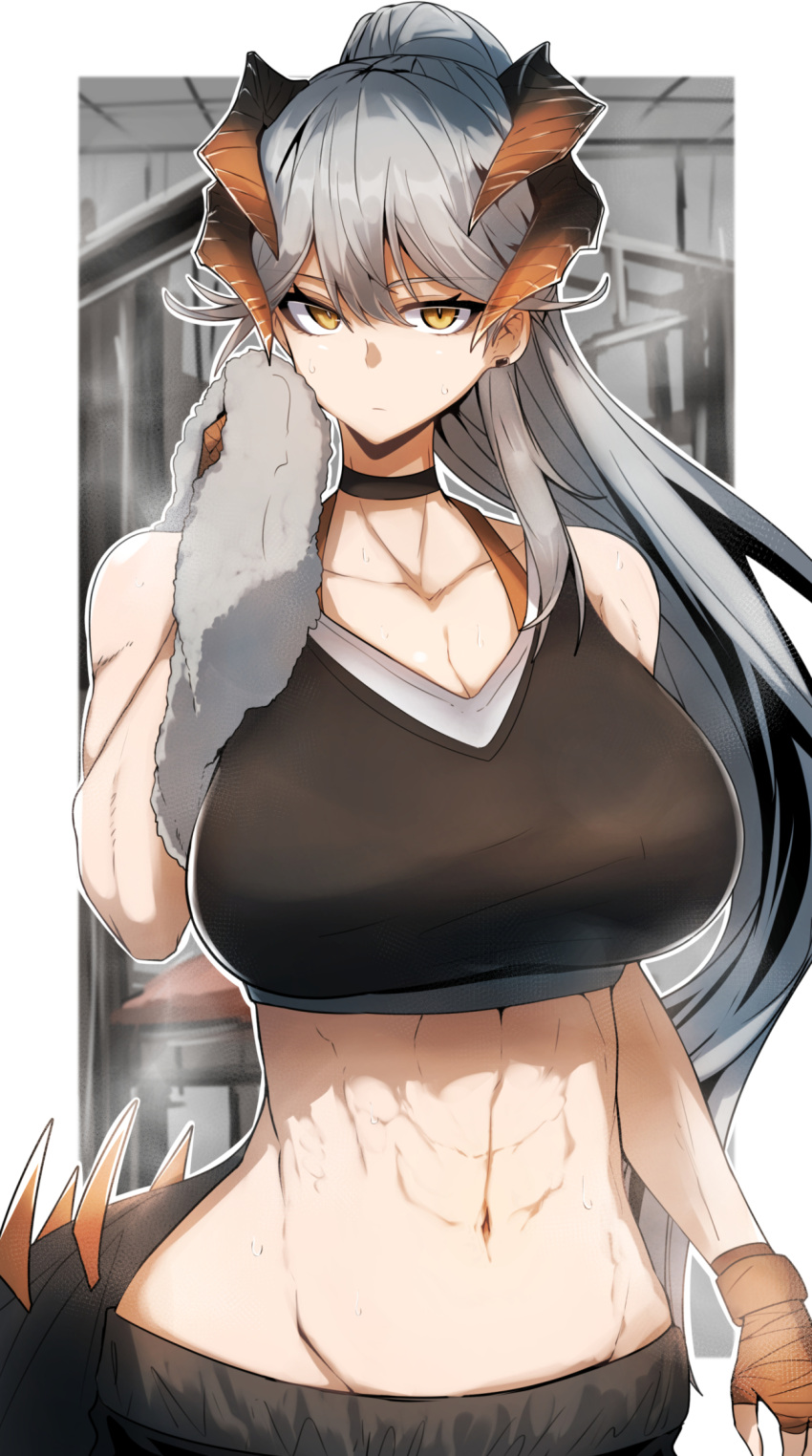 1girl arknights bare_shoulders breasts crop_top dragon_horns gin_moku grey_hair highres horns large_breasts long_hair midriff navel ponytail saria_(arknights) solo sports_bra stomach very_long_hair yellow_eyes