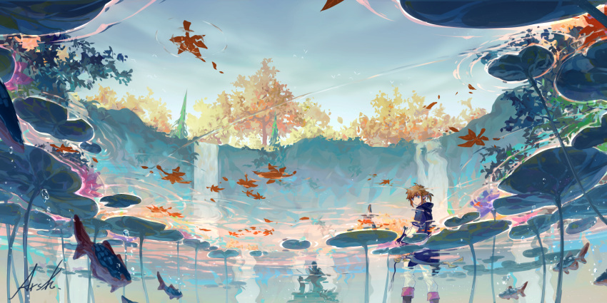 1boy air_bubble animal arrow_(projectile) arsh_(thestarwish) artist_name blue_eyes boots brown_hair bubble day fish from_below highres holding holding_arrow hood hood_down leaf link looking_at_viewer looking_back male_focus maple_leaf nature outdoors pants pointy_ears ponytail scenery short_sleeves sidelocks signature solo standing the_legend_of_zelda tree underwater wading white_pants wide_shot