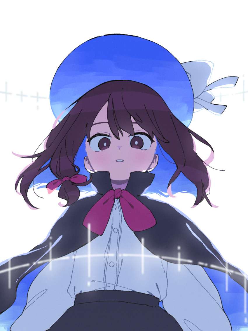 1girl bangs black_capelet black_headwear black_skirt blue_capelet bow bowtie brown_eyes brown_hair capelet eyebrows_behind_hair fedora hair_bow hat hat_bow highres long_sleeves looking_at_viewer medium_hair nama_udon parted_lips red_bow red_bowtie shirt skirt solo touhou two-sided_capelet two-sided_fabric two-sided_headwear usami_renko white_background white_bow white_shirt