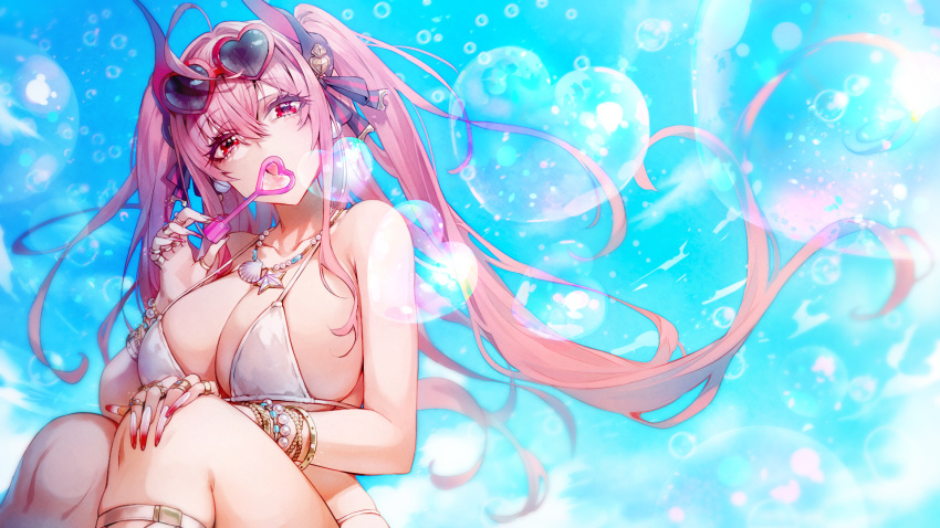 1girl bangs bikini blue_sky bracelet breasts bubble bubble_blowing clam_shell clouds destiny_child fingernails grilla_(destiny_child) hair_ornament heart highres horns jewelry large_breasts long_fingernails necklace open_mouth pink_hair red_eyes red_nails ring sky squatting sunglasses swimsuit thighs yurikayuri