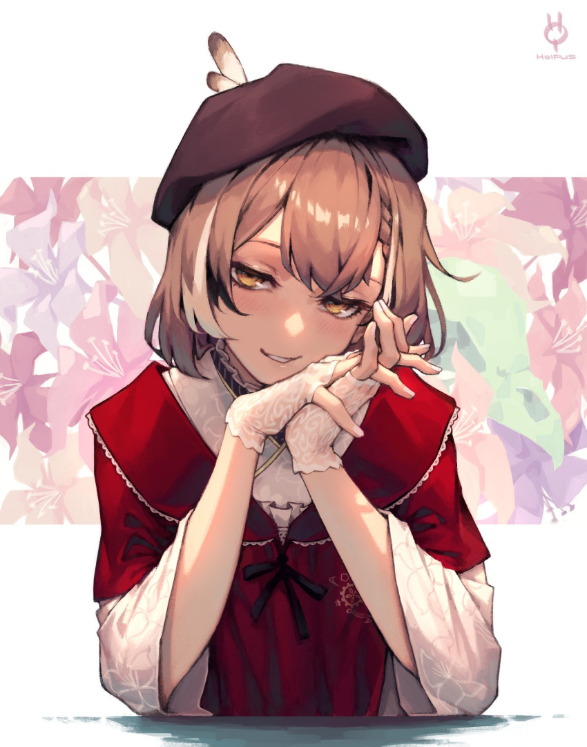 1girl beret blush braid brown_eyes brown_hair feathers fingerless_gloves flower gloves grin hat head_rest head_tilt highres hoipus hololive looking_at_viewer medium_hair multicolored_hair nanashi_mumei own_hands_clasped own_hands_together single_braid smile solo streaked_hair upper_body virtual_youtuber white_gloves