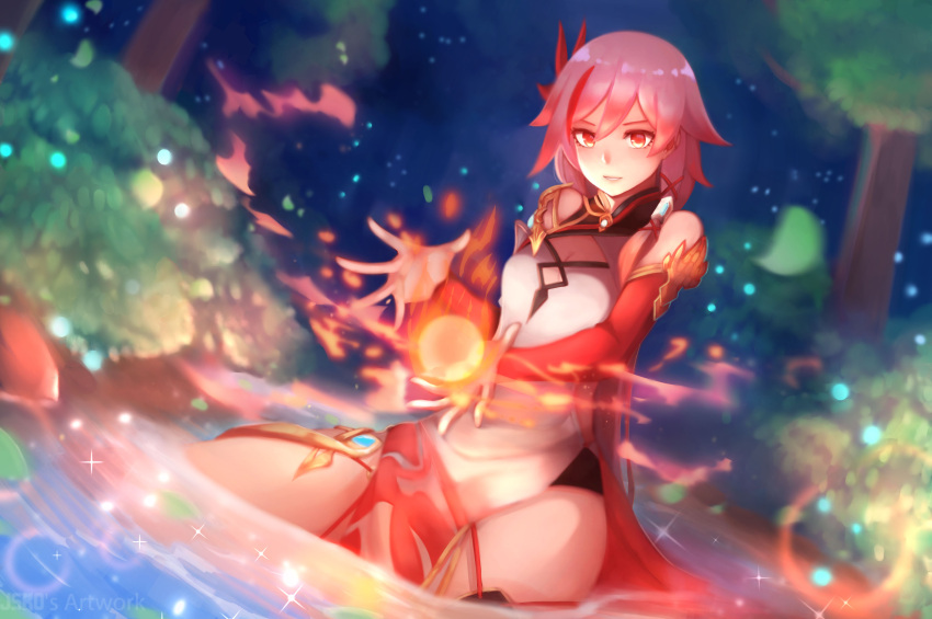 1girl absurdres asymmetrical_gloves bangs bare_shoulders brown_gloves china_dress chinese_clothes closed_mouth dress fire fu_hua fu_hua_(phoenix) full_body gloves hair_ornament highres honkai_(series) honkai_impact_3rd jskoyona long_hair mismatched_gloves night night_sky outdoors red_eyes red_gloves sitting sky sleeveless sleeveless_dress solo tree wariza water white_dress white_hair