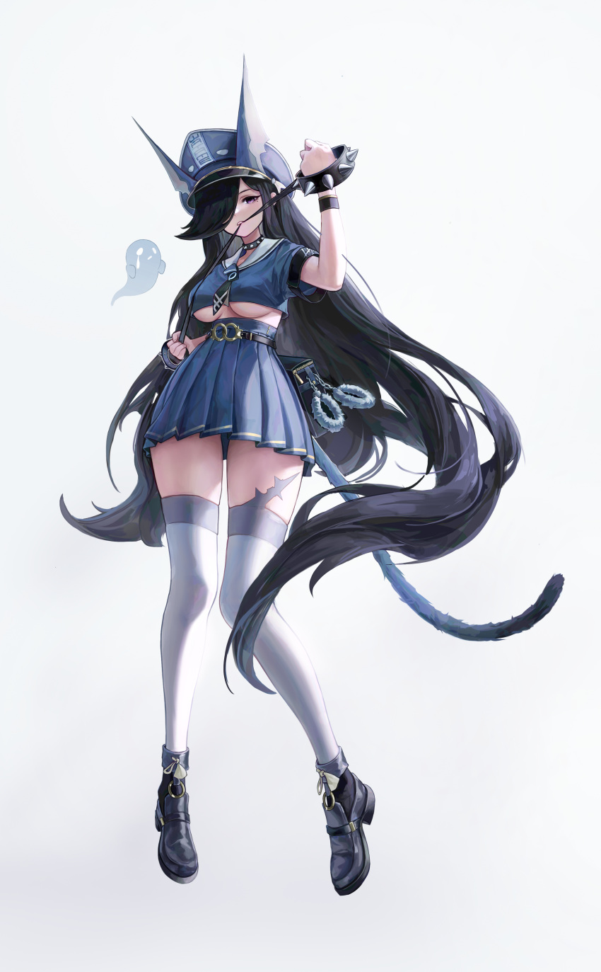 1girl absurdres animal_ears black_hair breasts choker cuffs ghost hair_over_one_eye hat highres large_breasts long_hair looking_at_viewer original police police_hat police_uniform policewoman simple_background skirt solo solo_focus tail thigh-highs under_boob uniform wellsy white_background white_legwear