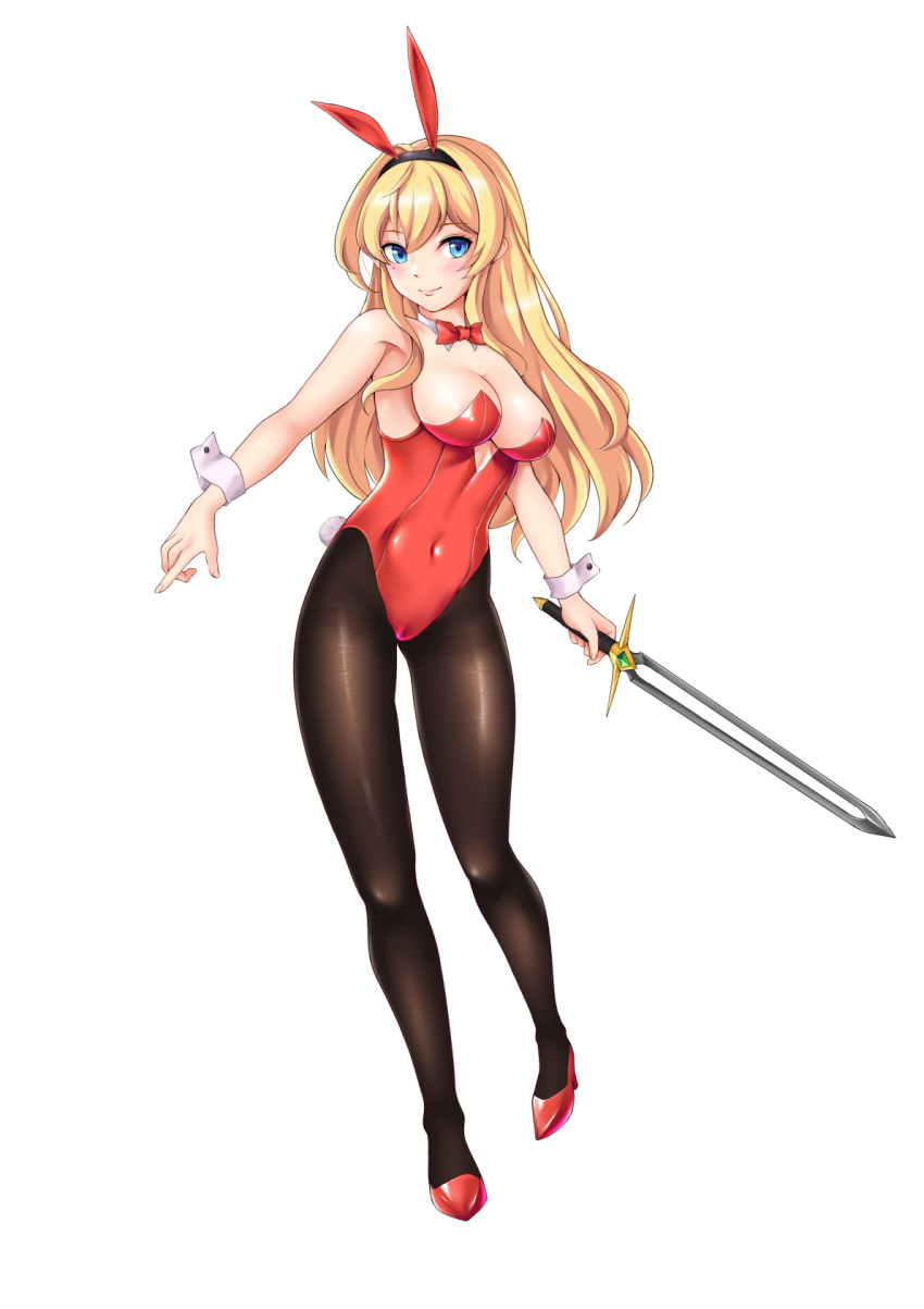 1girl animal_ears black_legwear blonde_hair blue_eyes bow bowtie breasts eyebrows_visible_through_hair headband highleg highres holding holding_sword holding_weapon leotard long_hair looking_at_viewer matrix16 original pantyhose playboy_bunny rabbit_ears rabbit_tail red_bow red_bowtie red_footwear red_headband red_leotard simple_background solo standing sword tail thighs weapon white_background