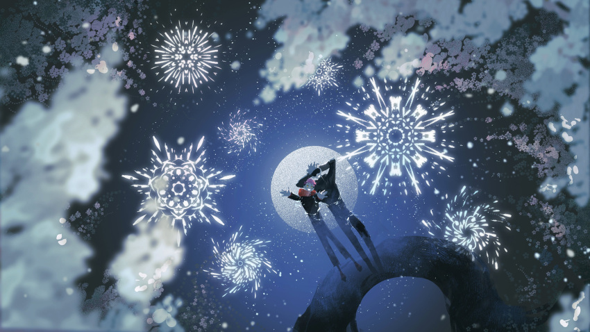 2boys :d absurdres aerial_fireworks arm_pillow arms_up bangs black_jacket black_pants blindfold blue_theme blurry branch depth_of_field facing_viewer fireworks flower from_side full_moon gesshi_(x2mciyellrzrhg1) gojou_satoru head_tilt highres itadori_yuuji jacket jujutsu_kaisen knee_up light_particles long_sleeves lying male_focus moon multiple_boys nature night night_sky on_back outdoors pants partially_submerged pink_hair reaching_out red_scarf reflection scarf short_hair sky smile spiky_hair star_(sky) starry_sky white_hair wide_shot