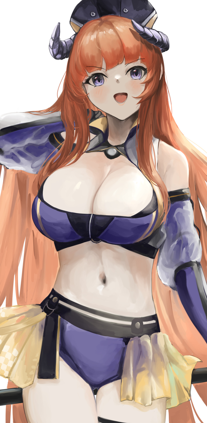1girl :d absurdres arknights bagpipe_(arknights) bagpipe_(queen_no._1)_(arknights) bangs bare_shoulders blue_shorts blunt_bangs blush breasts commentary cowboy_shot crop_top eyebrows_visible_through_hair hat highres horns kajuu large_breasts long_hair looking_at_viewer midriff navel open_mouth orange_hair short_shorts shorts simple_background smile solo standing stomach thighs very_long_hair violet_eyes white_background