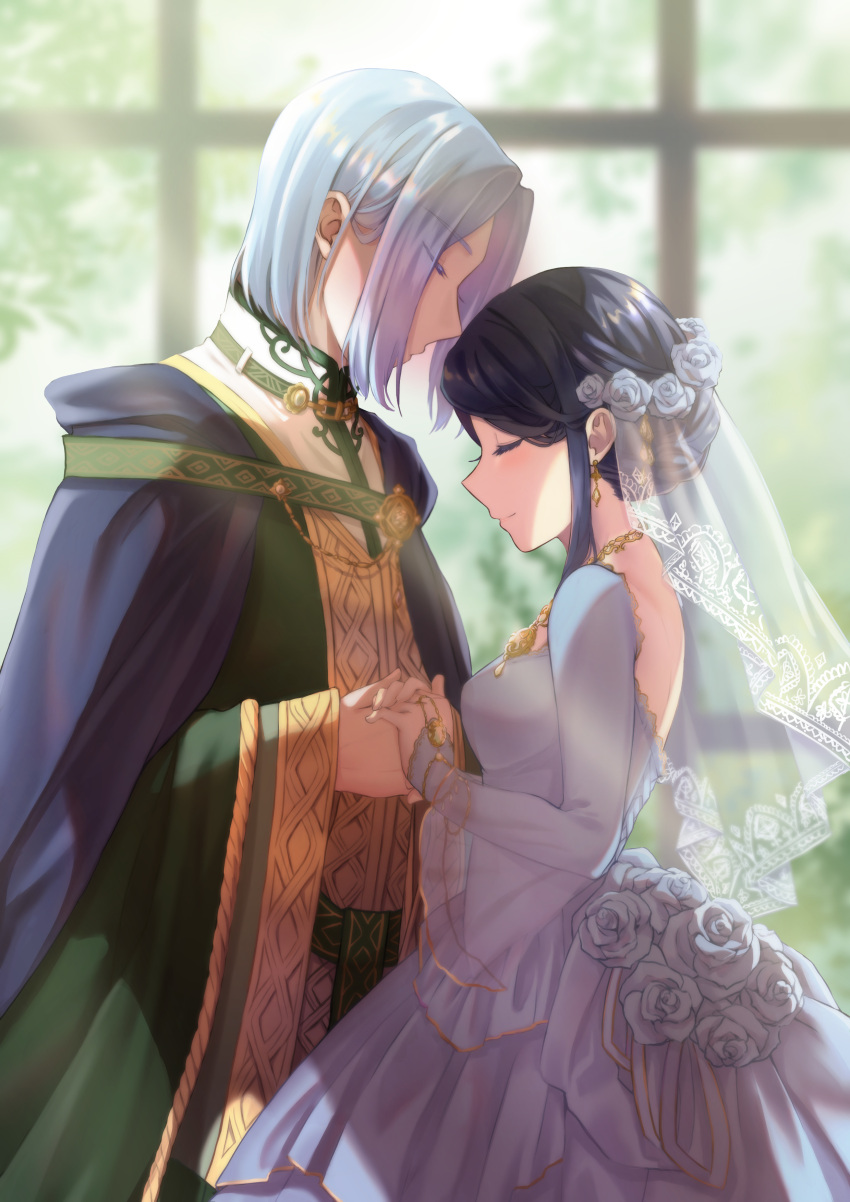 1boy 1girl absurdres black_hair blue_cape blurry blurry_background bridal_veil cape closed_eyes closed_mouth couple day dress eyebrows_visible_through_hair flower grey_dress grey_flower hair_flower hair_ornament head_wreath hetero highres holding_hands honzuki_no_gekokujou indoors long_sleeves maine_(honzuki_no_gekokujou) profile shiny shiny_hair smile standing veil wedding_dress white_hair yumeha_tseru