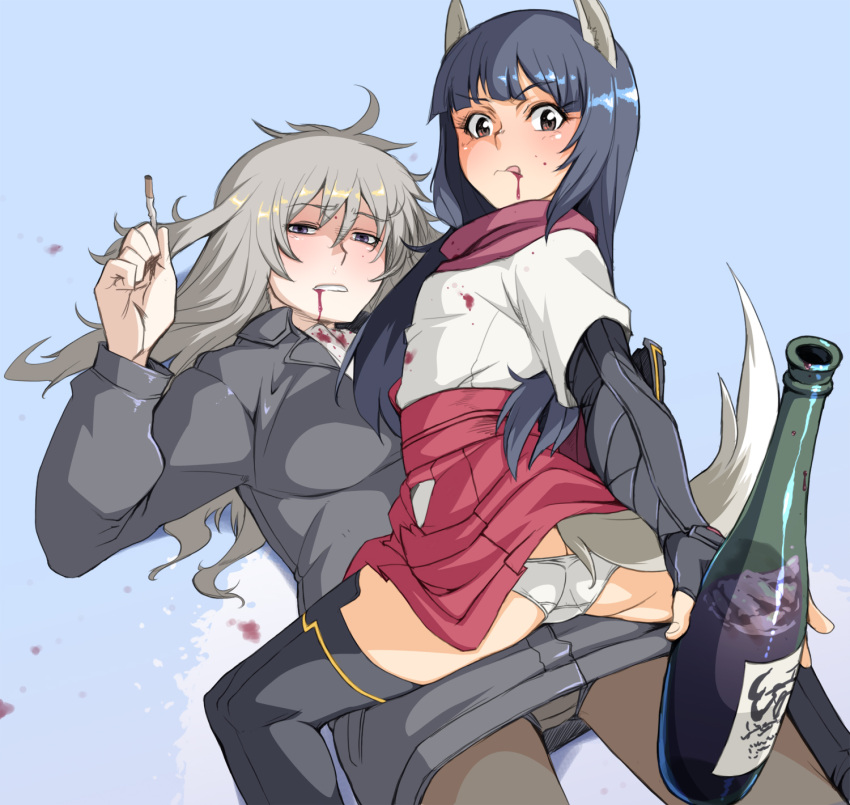 2girls animal_ears ass black_hair bottle brown_eyes character_request cigarette cup drinking_glass eyebrows_visible_through_hair grey_hair highres jacket long_hair long_sleeves looking_at_viewer looking_back multiple_girls panties sitting sitting_on_person tabigarasu tail thigh-highs underwear white_panties wine_glass world_witches_series yuri