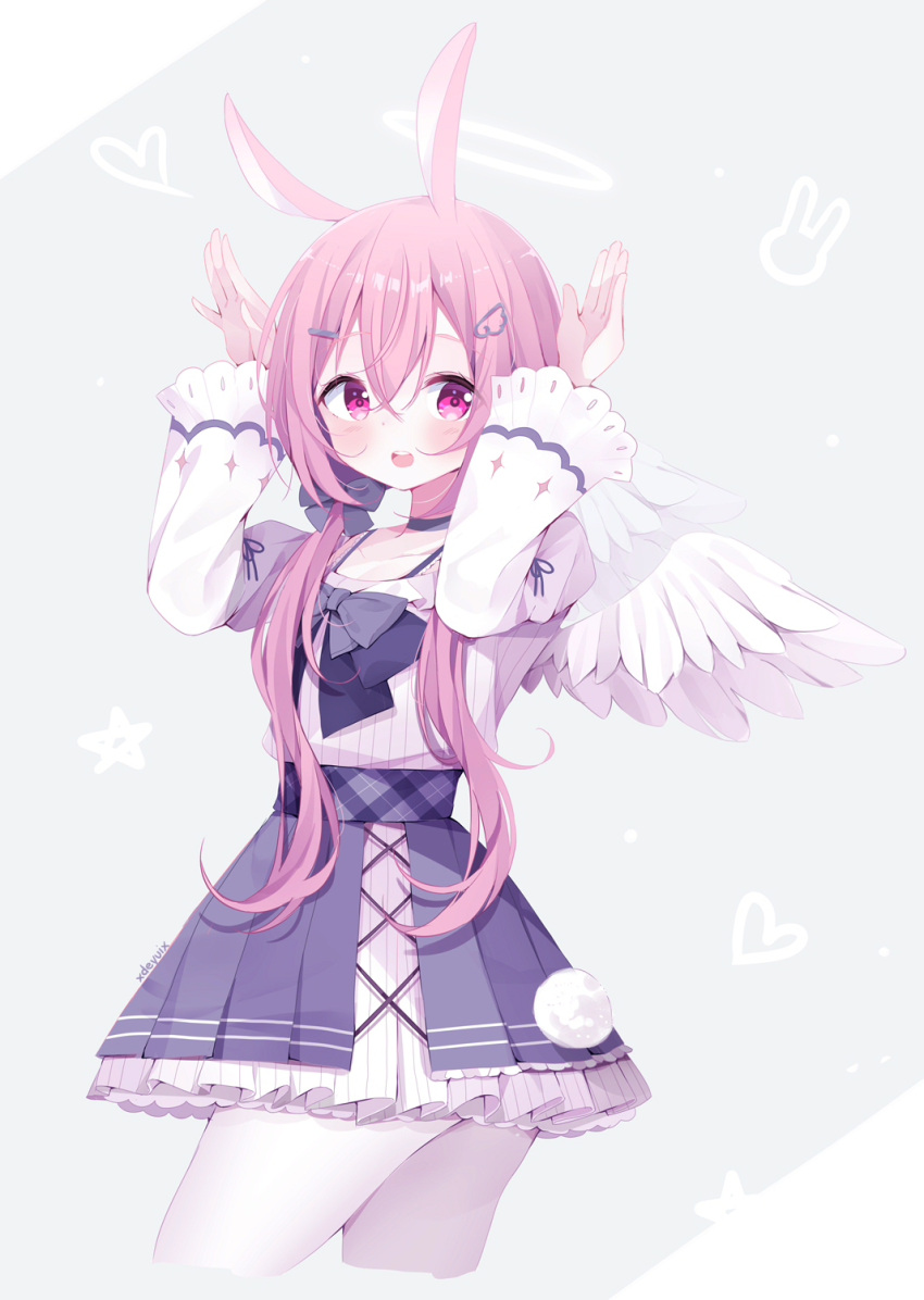 1girl :d animal_ears arms_up bangs black_bow black_skirt blush bow bunny_pose commentary cropped_legs deyui english_commentary eyebrows_visible_through_hair feathered_wings grey_background hair_between_eyes hair_bow hair_ornament hair_over_shoulder hairclip heart highres long_hair long_sleeves low_twintails mystic_stars pantyhose pink_hair pleated_skirt rabbit_ears rabbit_girl rabbit_tail shirt skirt smile solo star_(symbol) tail teeth twintails two-tone_background upper_teeth usagi_kira very_long_hair violet_eyes virtual_youtuber white_background white_legwear white_shirt white_wings wide_sleeves wing_hair_ornament wings