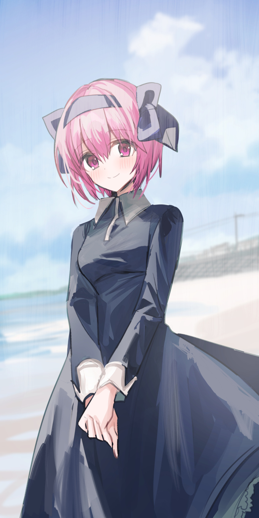 1girl absurdres bangs black_bow black_dress black_hairband blue_sky blush bow chihuri closed_mouth clouds collared_dress commentary_request day dress elfen_lied eyebrows_visible_through_hair hair_between_eyes hair_bow hairband highres long_sleeves nana_(elfen_lied) outdoors pink_hair power_lines sand sky smile solo utility_pole violet_eyes water