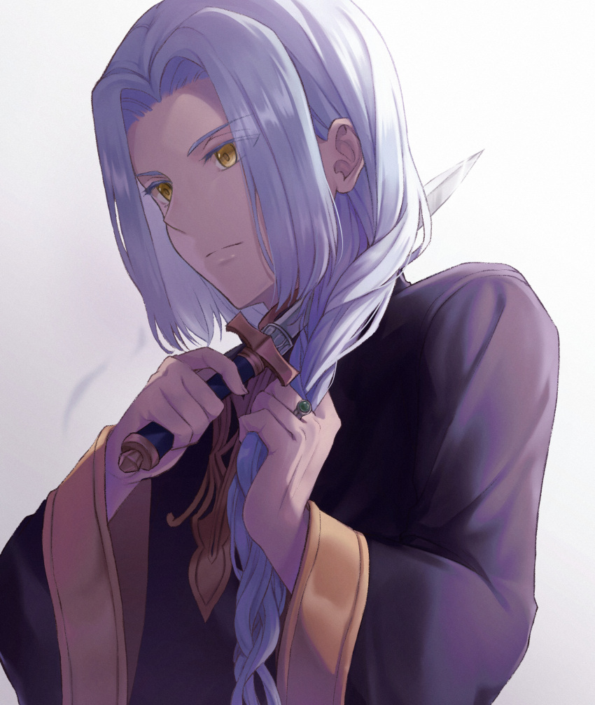 1boy braid braided_ponytail closed_mouth cutting_hair eyebrows_visible_through_hair ferdinand_(honzuki_no_gekokujou) hair_intakes hair_over_shoulder highres holding holding_knife honzuki_no_gekokujou knife long_hair male_focus ponytail solo white_background white_hair yellow_eyes yumeha_tseru